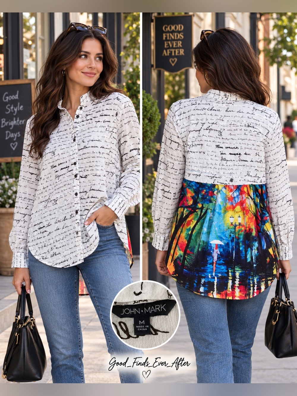 M -John Mark -White Script-Print Button Front Top with Colorful Back Panel -